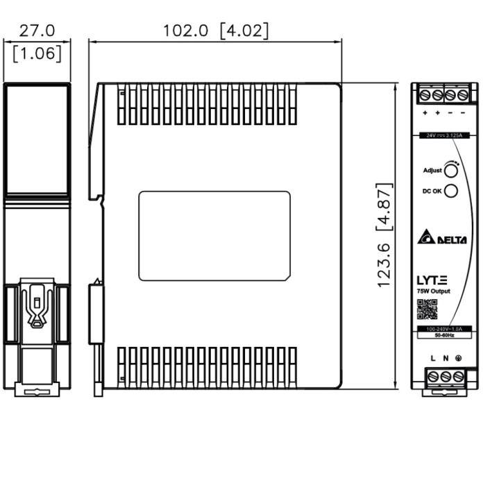 Rysunek techniczny zasilacza na szynę DIN model DRL-12V240W1EN
